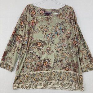 Gloria Vanderbilt size XL Multi Color Paisley Boho Beaded Stretch 3/4 Sleeve Top